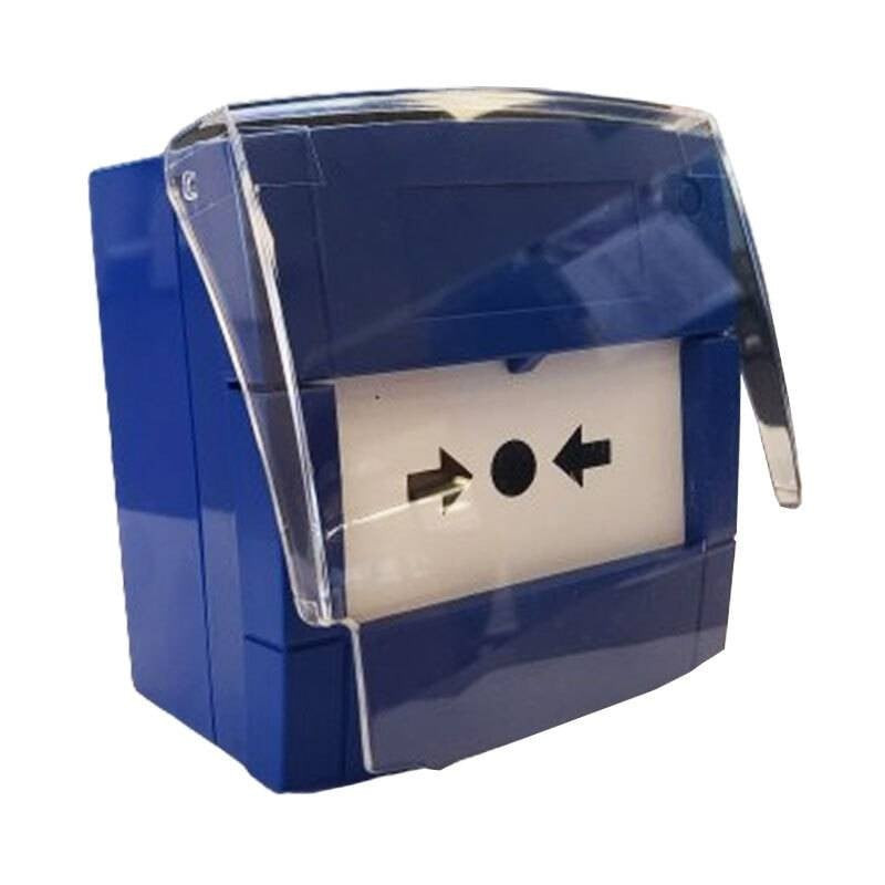 Pulsante manuale convenzionale da interno a rottura vetro. Colore blu